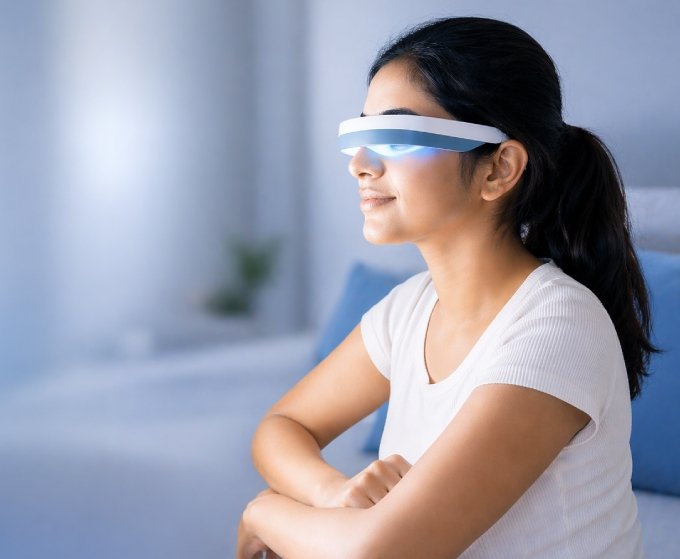 Light therapy lamp beside a sleeping person