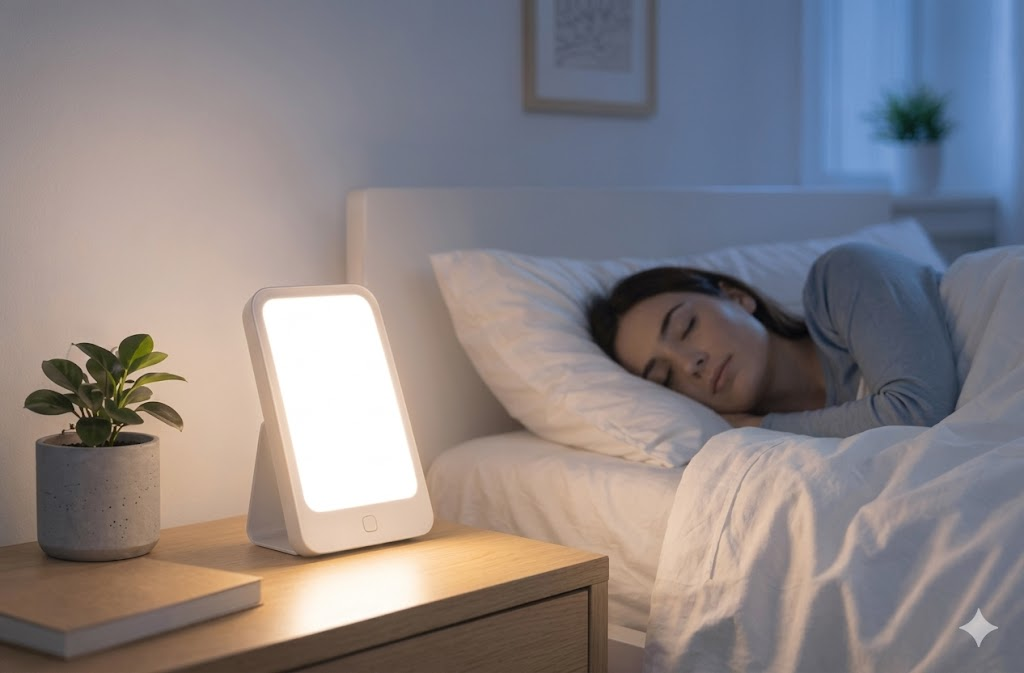 Light therapy lamp beside a sleeping person